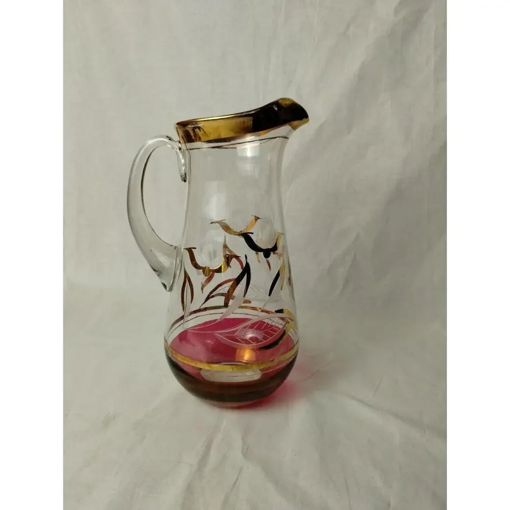 Vintage Glass Pitcher and Two Glasses - Etched - Cracked - Display Only